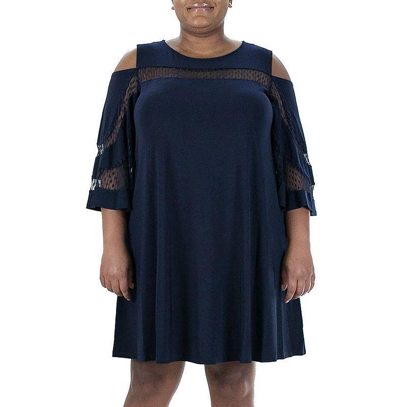 Plus Size Nina Leonard Dot Mesh Yoke Dress, Womens Blue Product Image