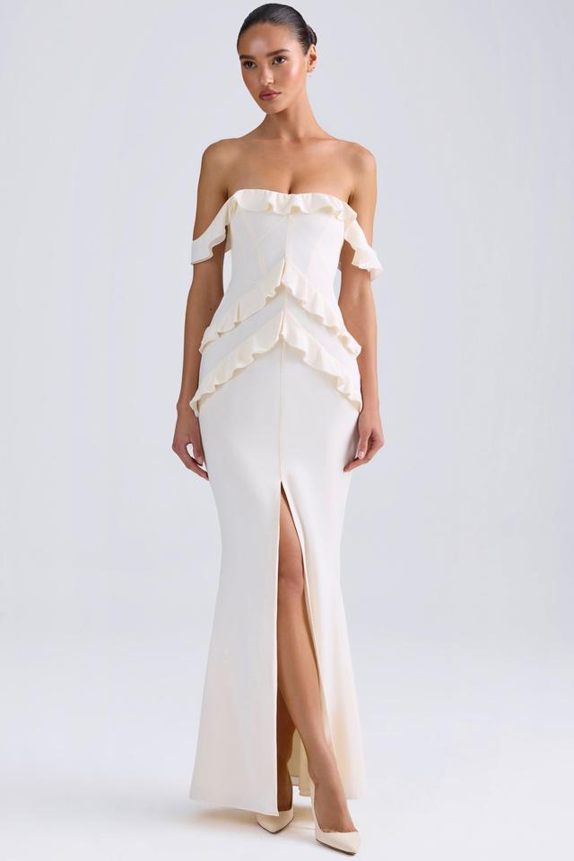 Off-Shoulder Ruffle-Trim Gown in Ivory Product Image