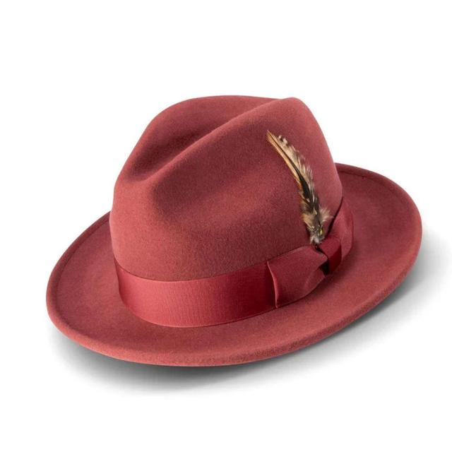 Wool Felt Fedora Pinch Front with Feather Accent in Brick Product Image