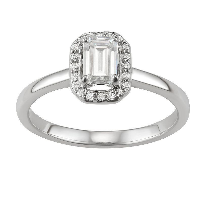 14K White Gold Lab-Created Moissanite 5/8 Carat T.W. Emerald-Cut Halo Ring, Womens Product Image