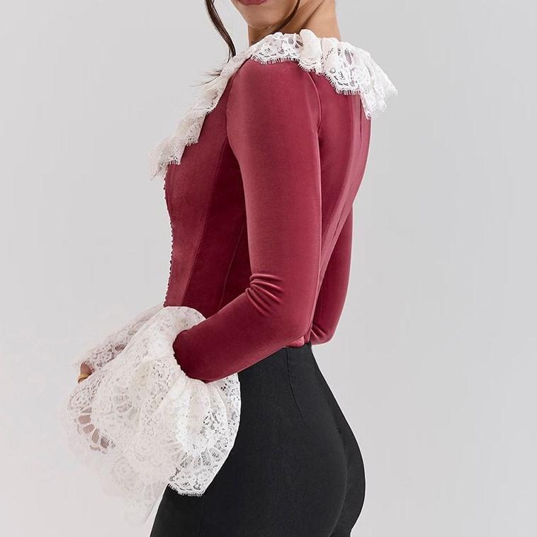 Long-Sleeve Scoop Neck Lace Panel Top Product Image