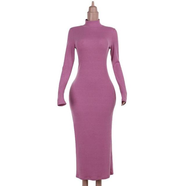 Long-Sleeve Turtleneck Plain Maxi Sheath Dress Product Image