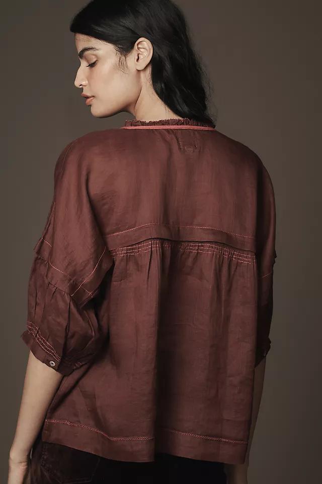 Maeve Balloon-Sleeve V-Neck Stitched Blouse Product Image