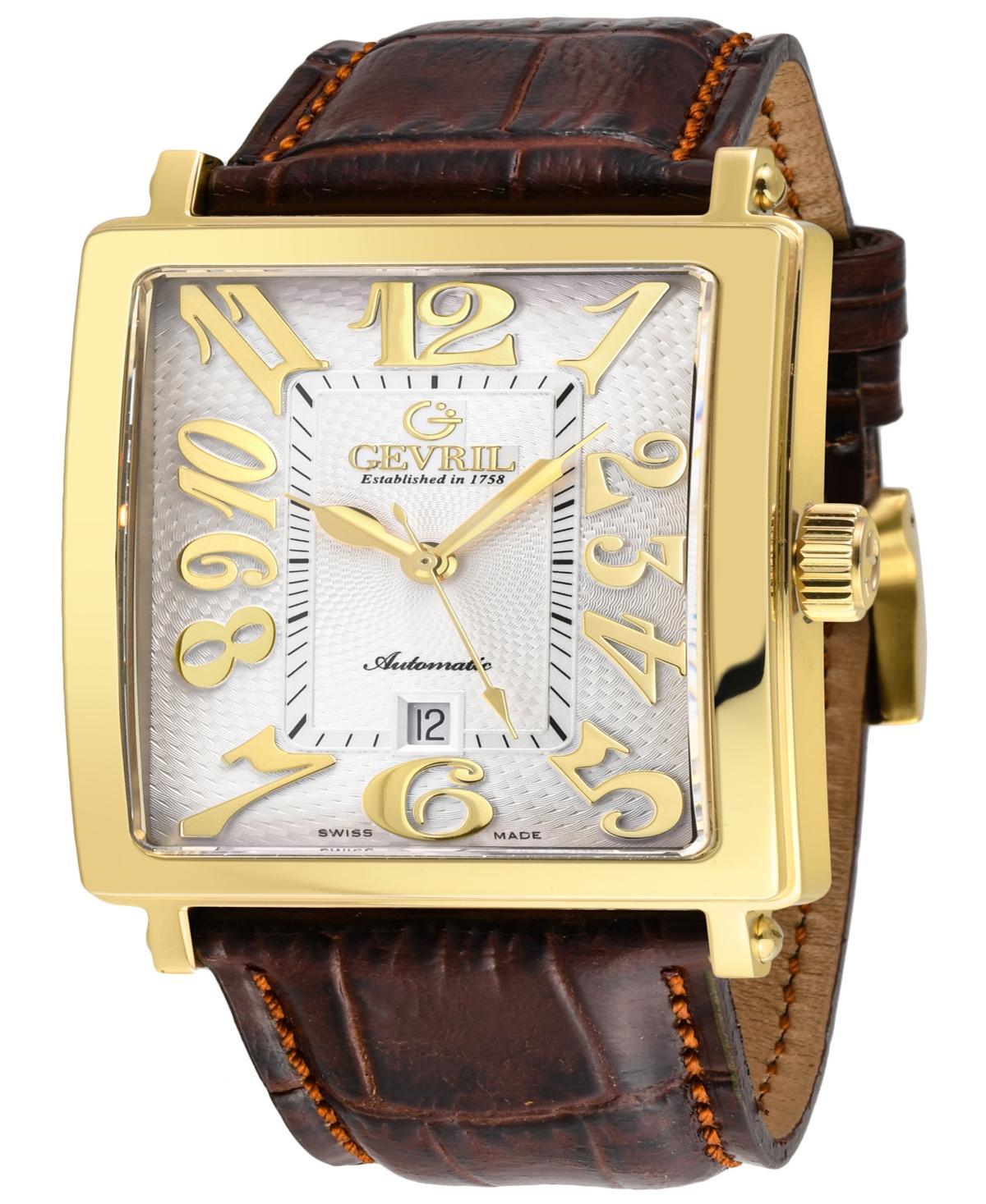 Gevril Mens Avenue of Americas Swiss Automatic Italian Brown Leather Strap Watch 44mm - Gold-Tone Product Image