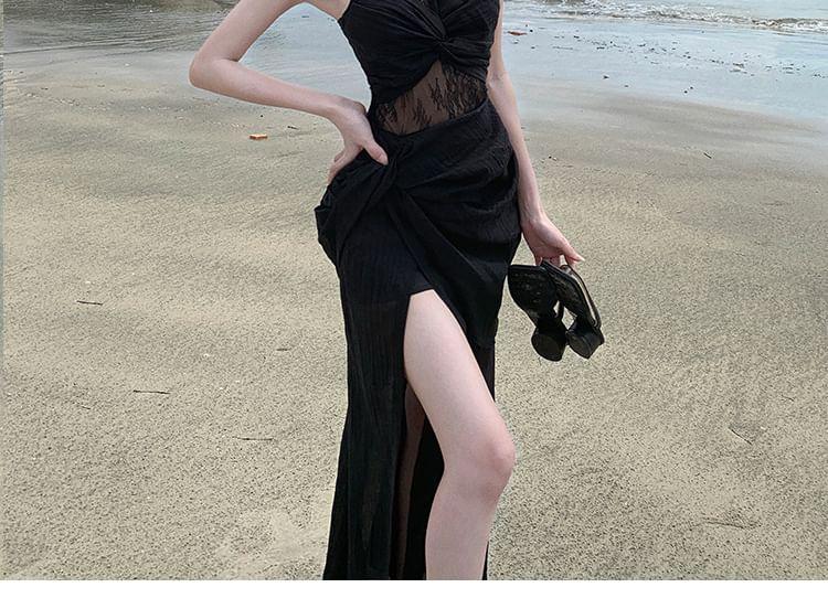 Spaghetti Strap Lace Paneled Slit Knotted Midi Sundress Product Image