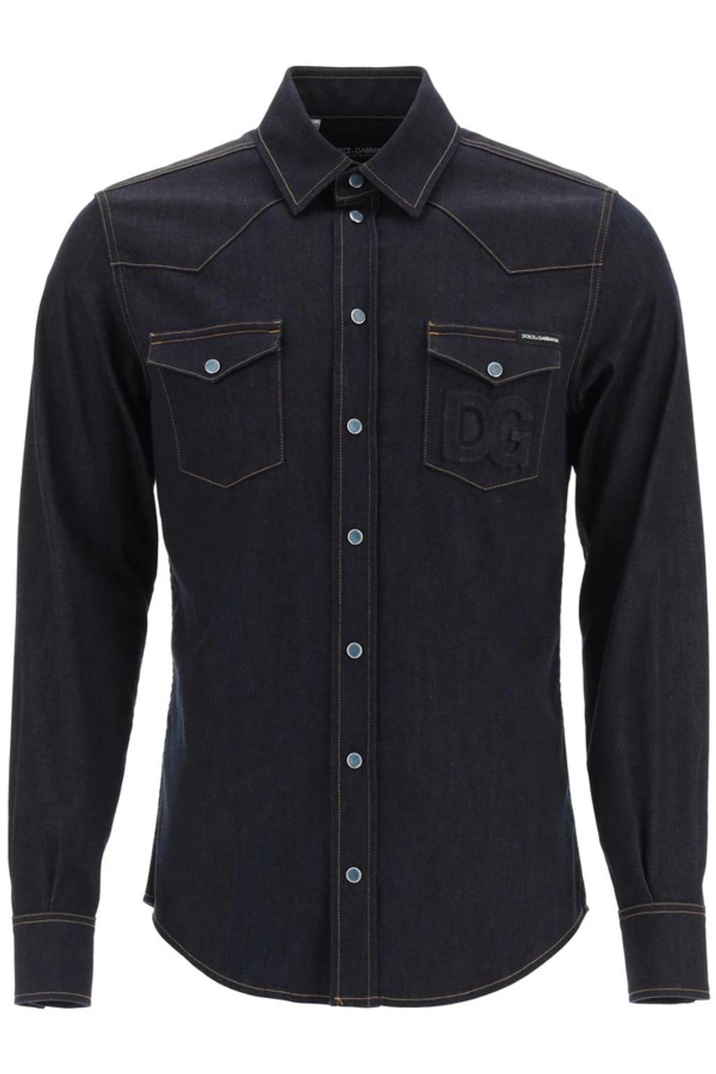 Denim Shirt With Embossed Logo In Blue Product Image