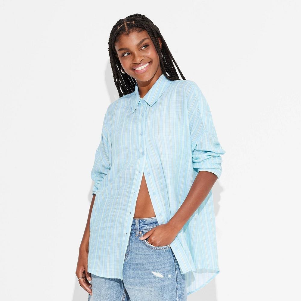 Womens Long Sleeve Oversized Button-Down Shirt - Wild Fable /Blue Striped L Product Image