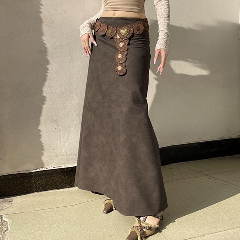 High Waist Faux Leather Maxi A-Line Skirt Product Image