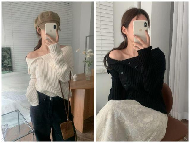 Off-Shoulder Long-Sleeve Plain Ribbed Button-Up Knit Top Product Image