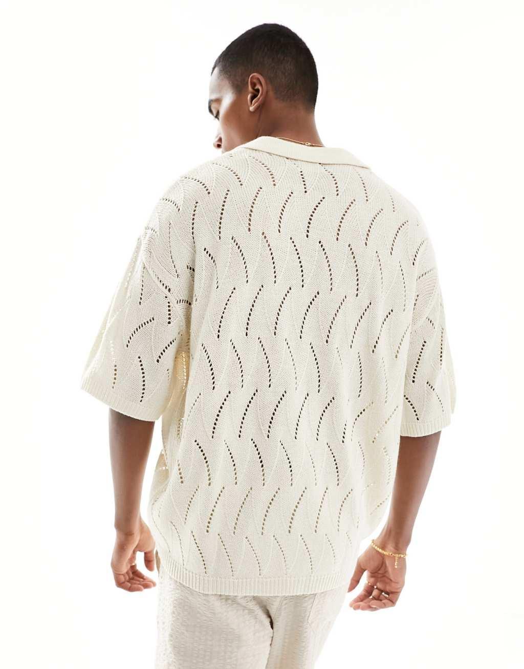 ASOS DESIGN oversized knitted pointelle polo in stone Product Image