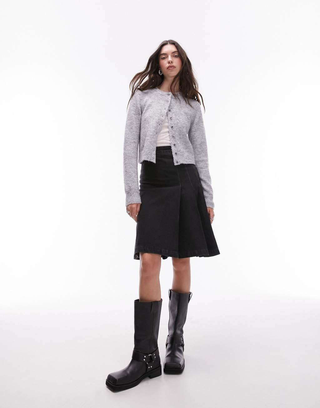 Topshop denim knee length pleat skirt in washed black Product Image