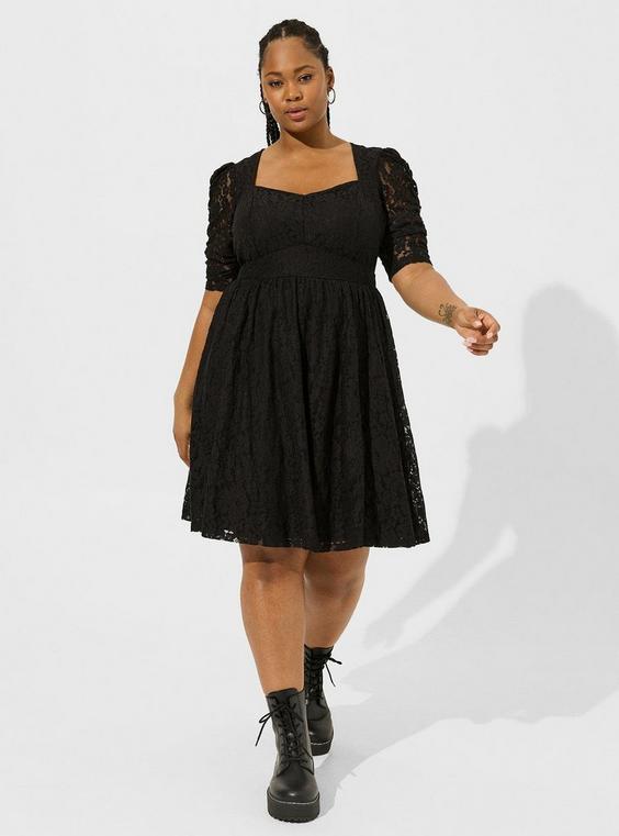 Mini Stretch Lace Ruched Sleeve Skater Dress Product Image