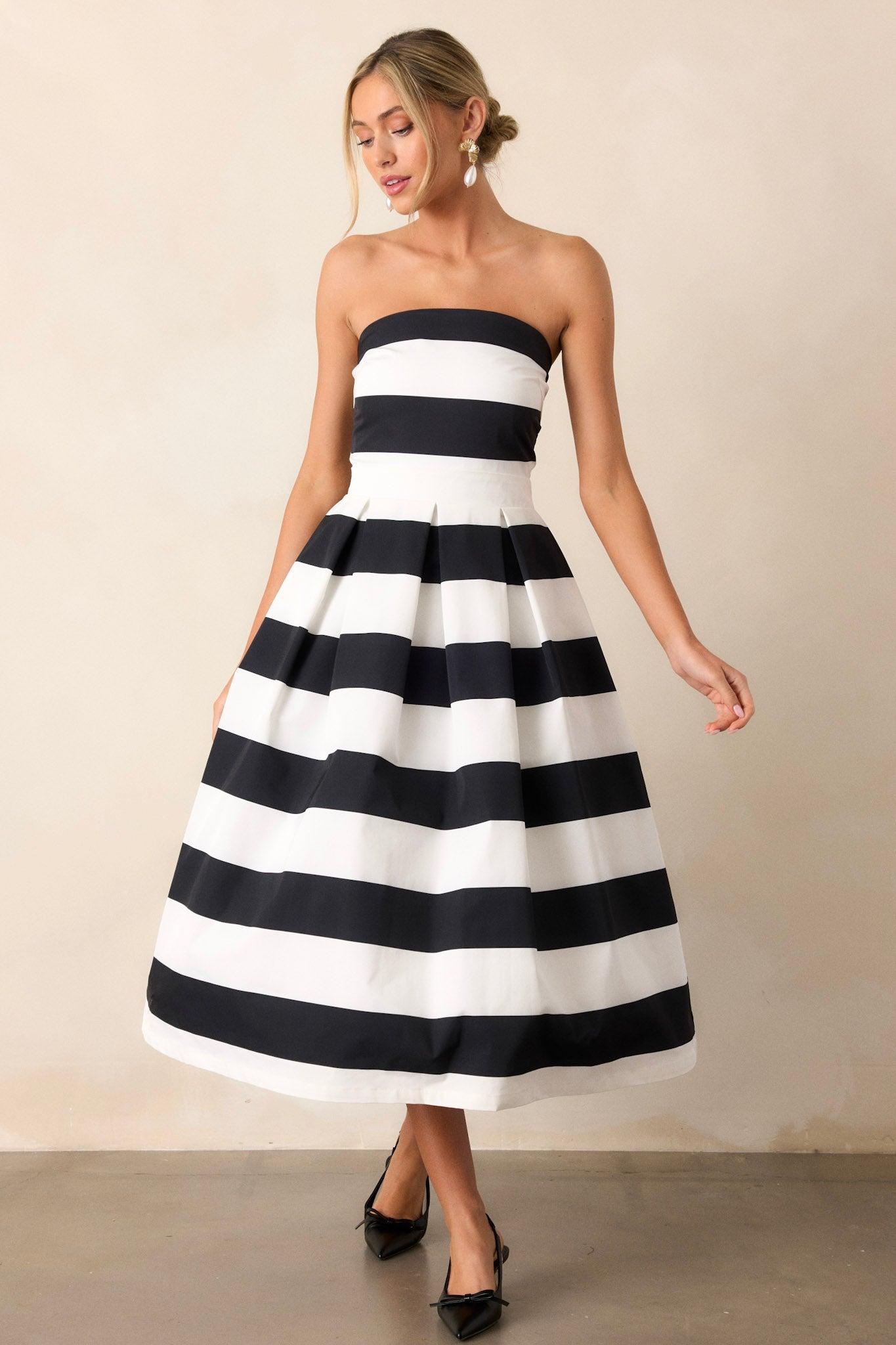 Crisp Contrast Black & White Stripe Strapless Midi Dress (RESTOCK FEBRUARY 2025) Product Image