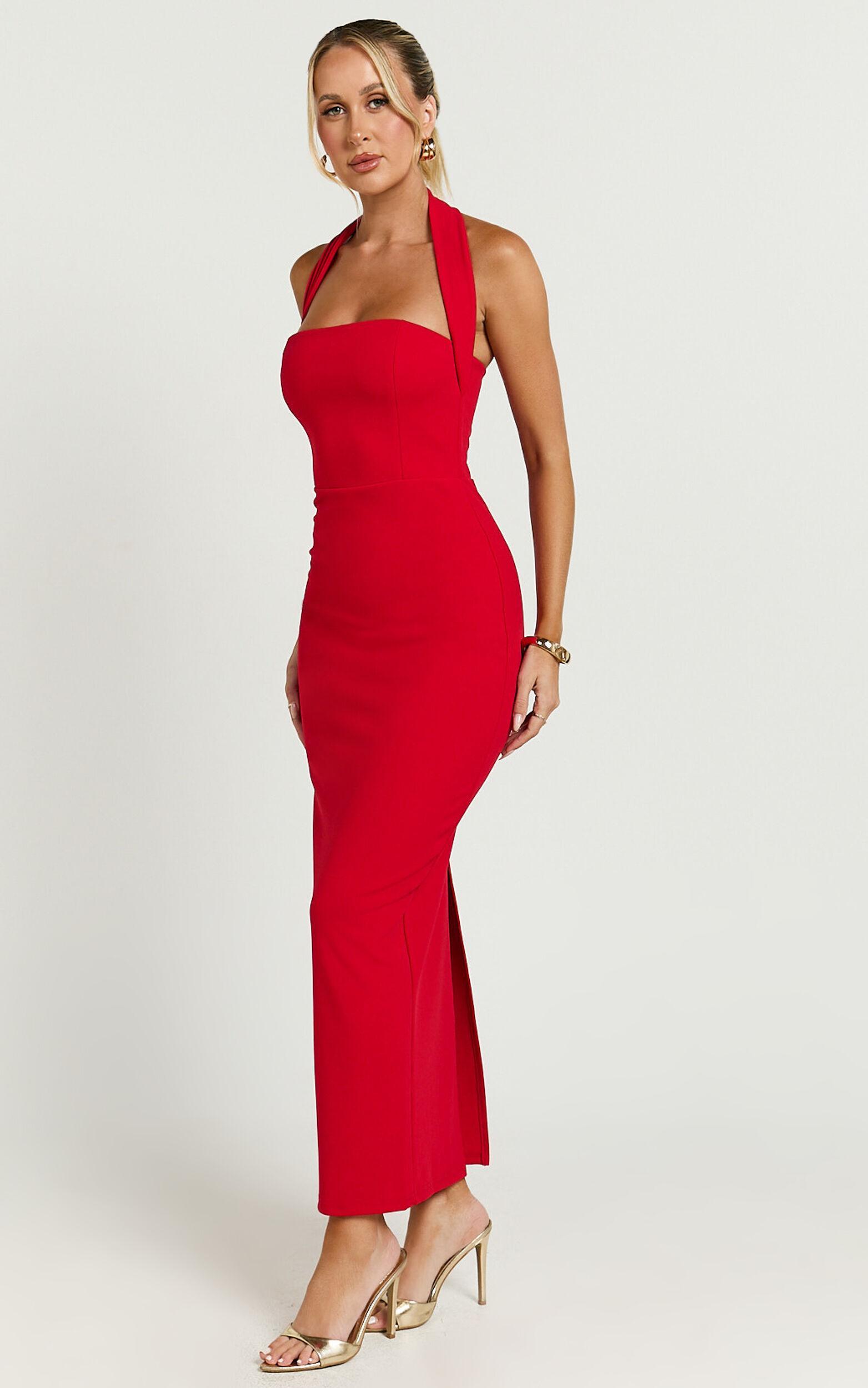 Salome Midi Dress - Halter Neck Column Dress in Red Product Image