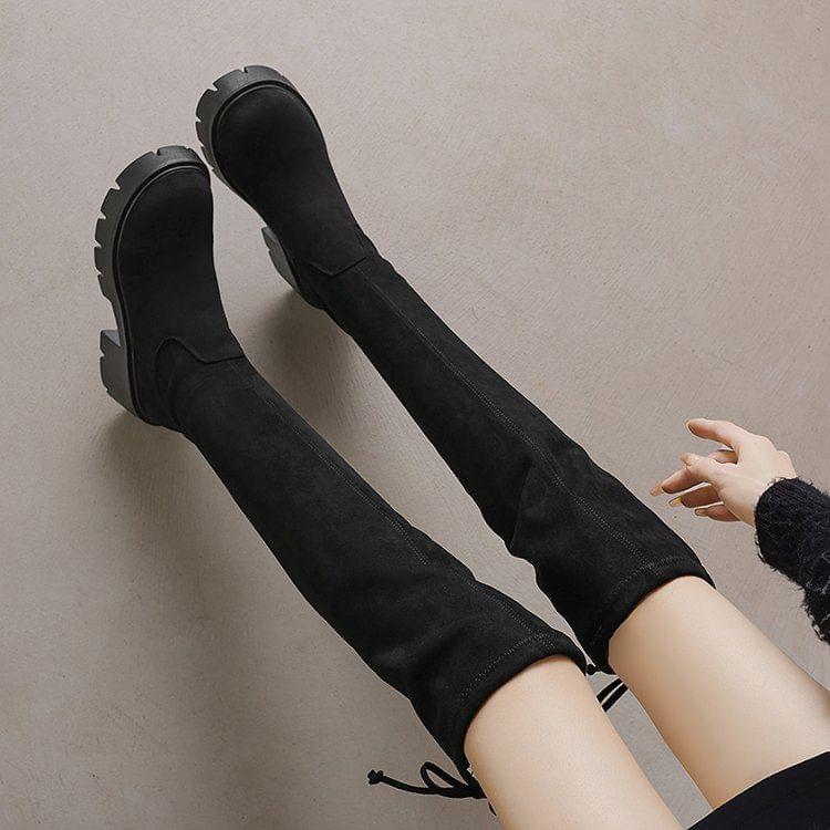 Block Heel Plain Over-The-Knee Boots Product Image