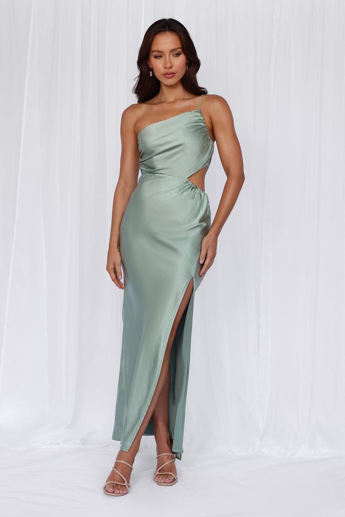 HELLO MOLLY The Opal One Shoulder Satin Maxi Dress Sage product image