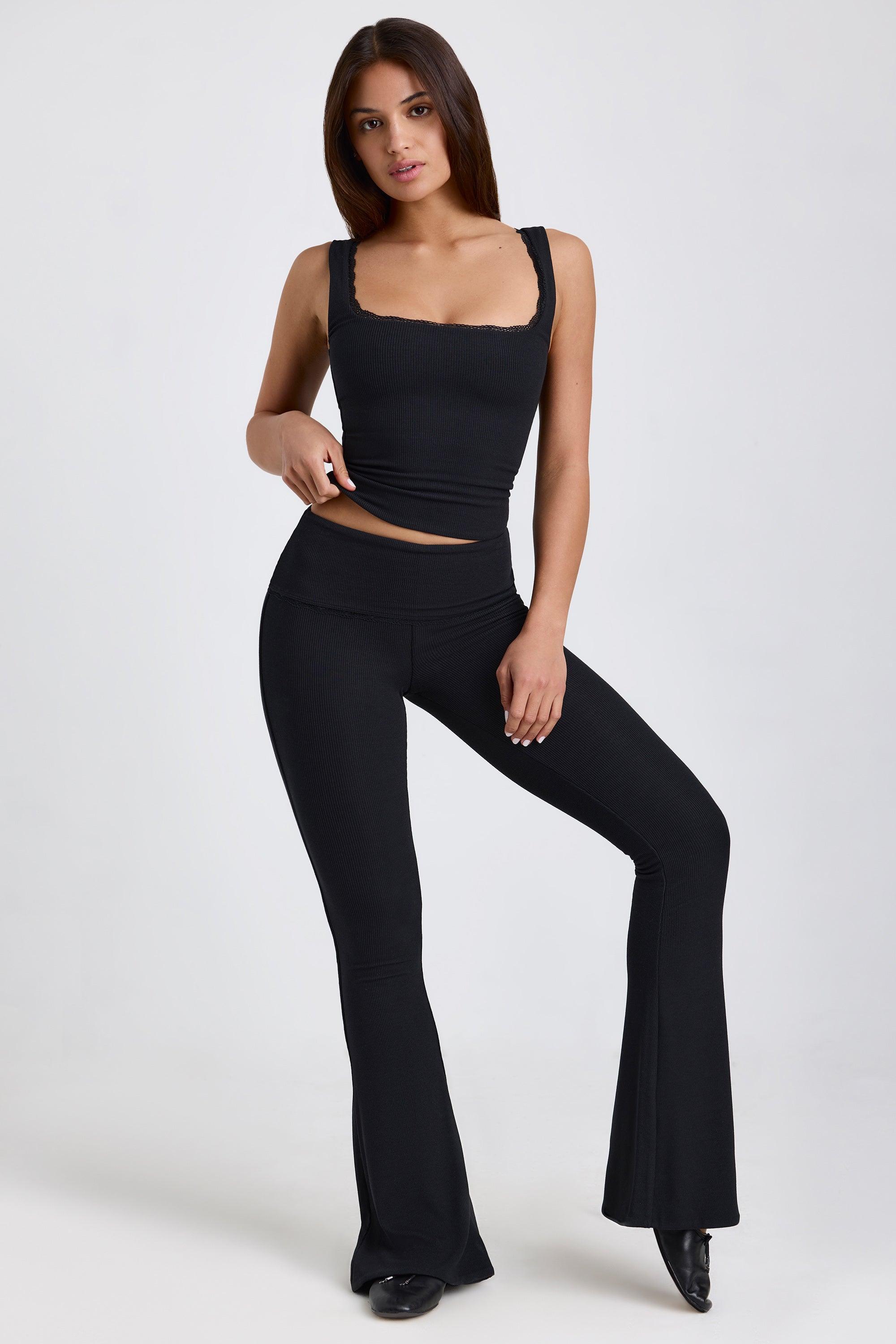 Petite Ribbed Modal Mid-Rise Foldover Flared Trousers in Black Product Image