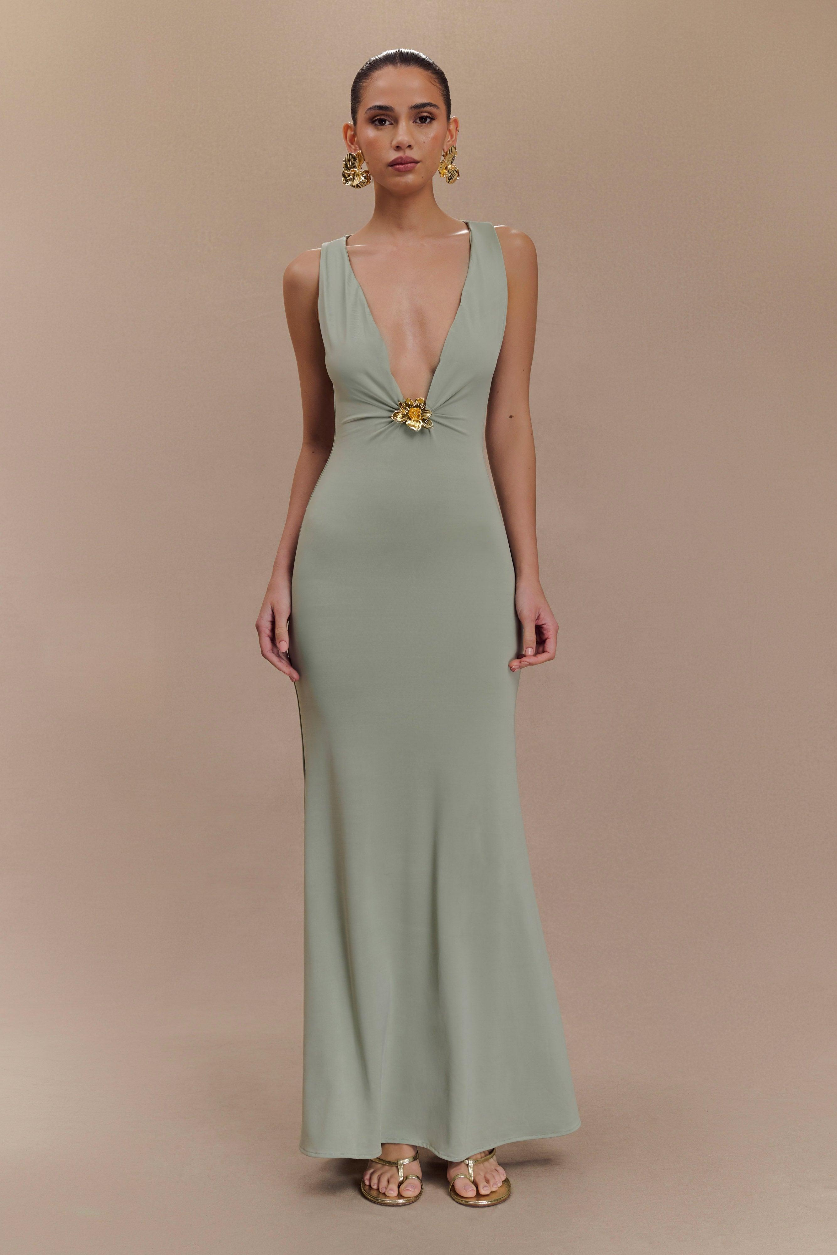 Beck Plunge Maxi Dress With Floral Hardware - Basil Product Image