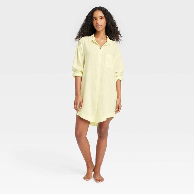 Womens Linen Blend Sleep Shirtdress - Stars Above Yellow L Product Image