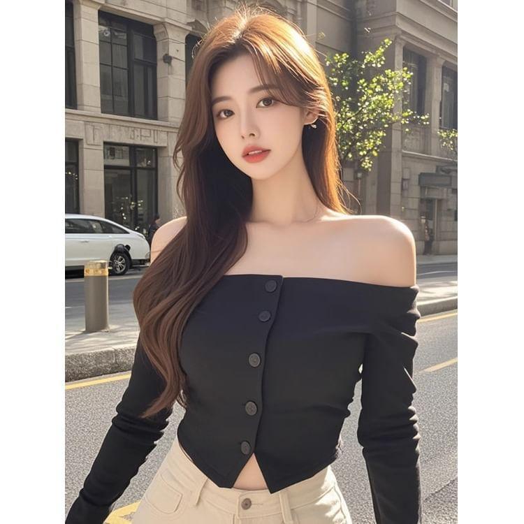 Long-Sleeve Off-Shoulder Plain Button-Up Front-Slit Crop Top Product Image