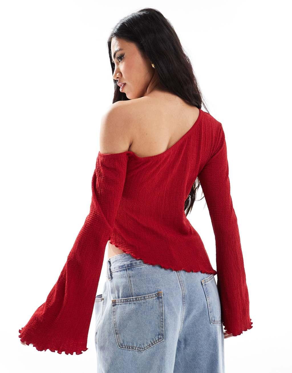 ASOS DESIGN asymmetric one shoulder textured top in red Product Image