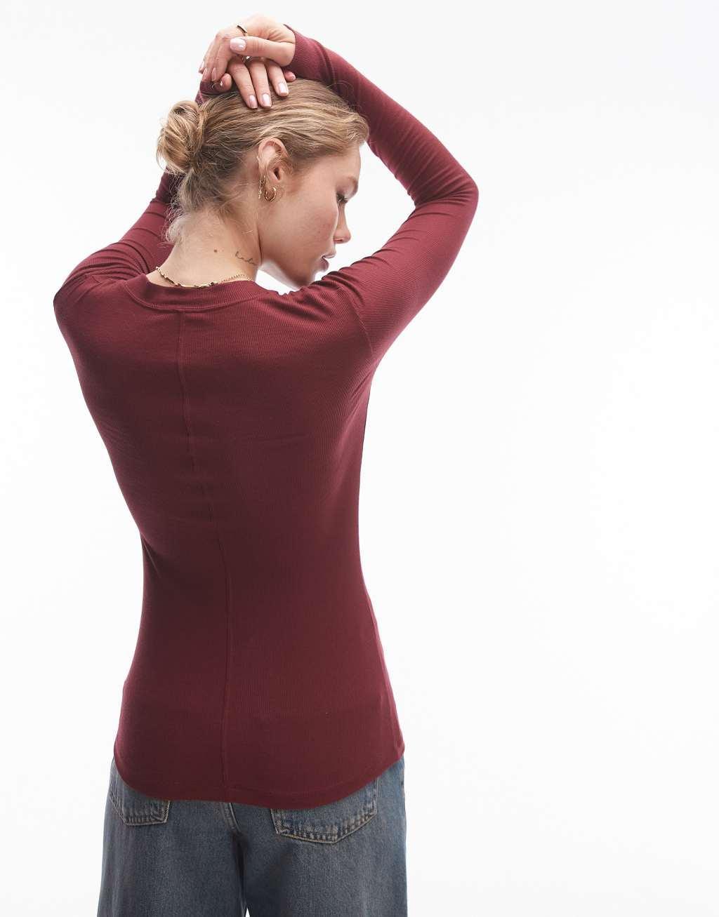 Topshop premium rib long sleeve top in burgundy Product Image