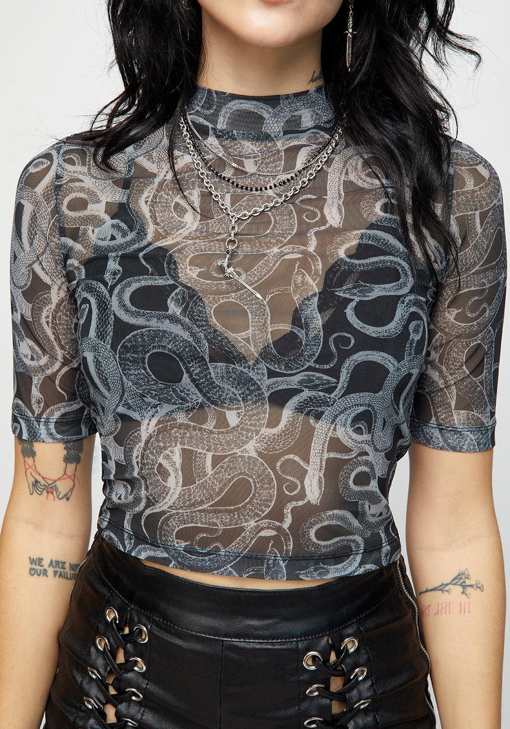 Serpente Print Mesh Short Sleeve Crop Top Product Image