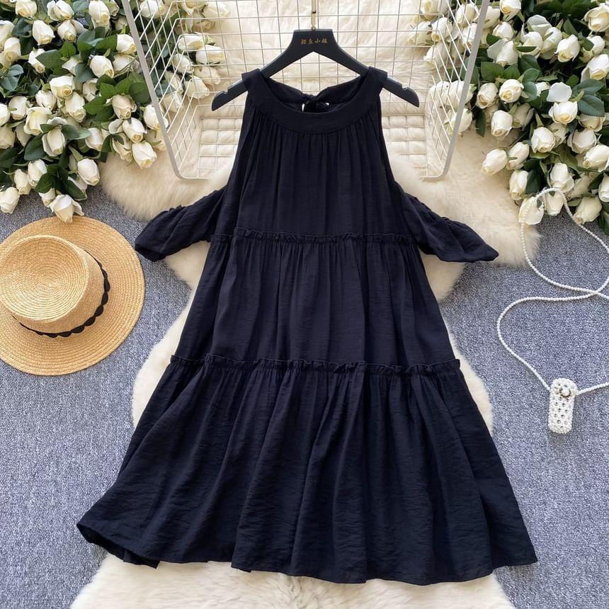 Puff-Sleeve Cold-Shoulder Plain Ruffle Sundress Product Image