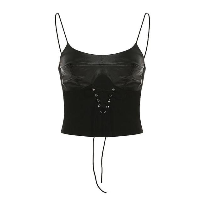 Plain Faux Leather Slim-Fit Crop Camisole Top Product Image