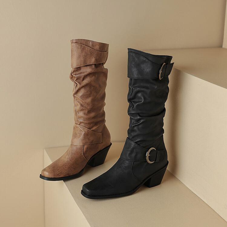 Square Toe Buckled Block Heel Knee High Boots product image