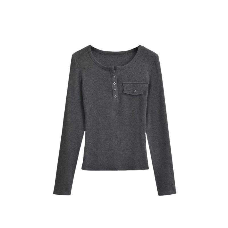 Long Sleeve Henley Plain Tee Product Image