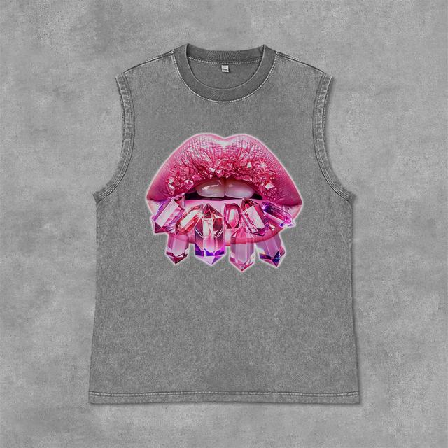 Diamond Lips Graphic Print Casual Acid Washed Sleeveless Tank Top Product Image