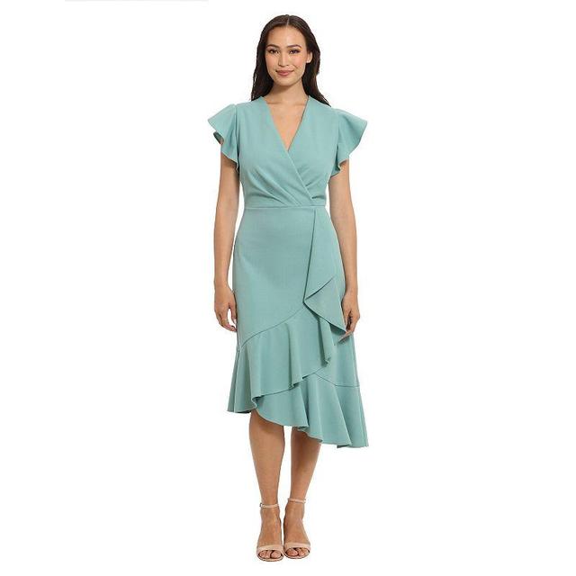 Womens London Times Asymmetrical Ruffle Faux-Wrap Dress Turquoise/Blue Product Image