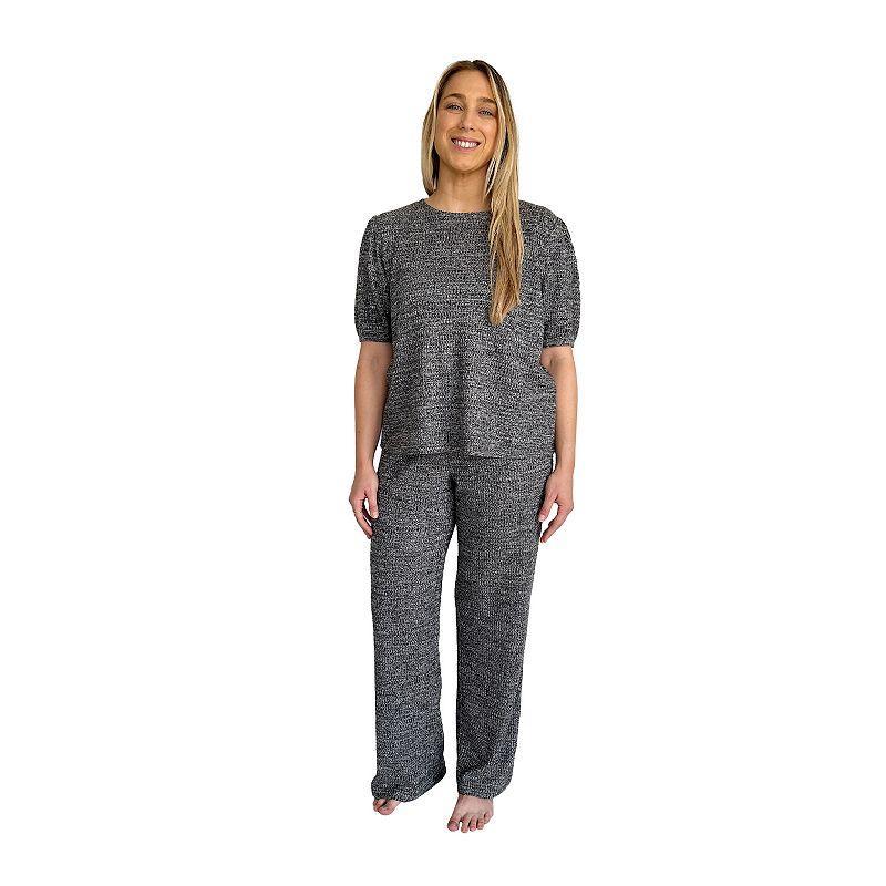 Womens Peace, Love & Dreams Puff Sleeve Waffle Pajama Top & Pajama Bottoms Set Grey Product Image