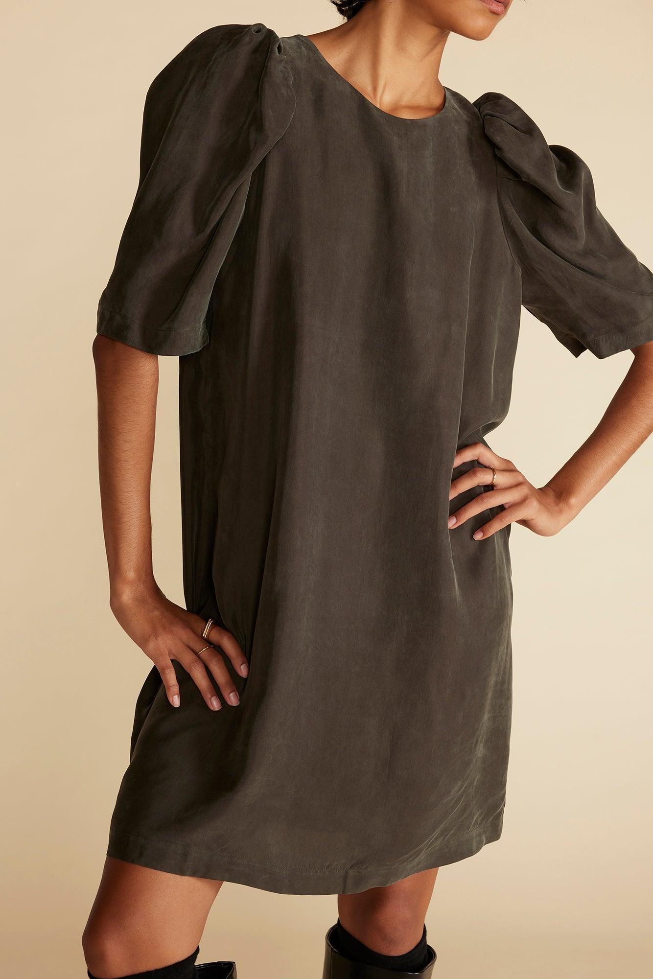 Sylvia Puff Sleeve Dress - Olive Green Product Image