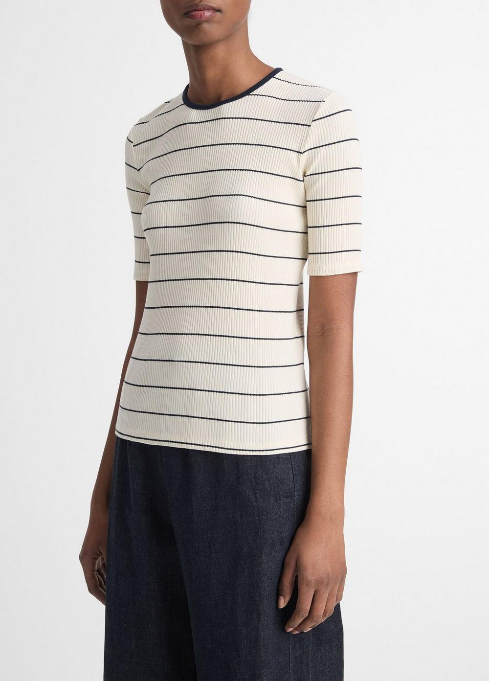 Striped Ribbed Stretch-Cotton Elbow-Sleeve T-Shirt Product Image