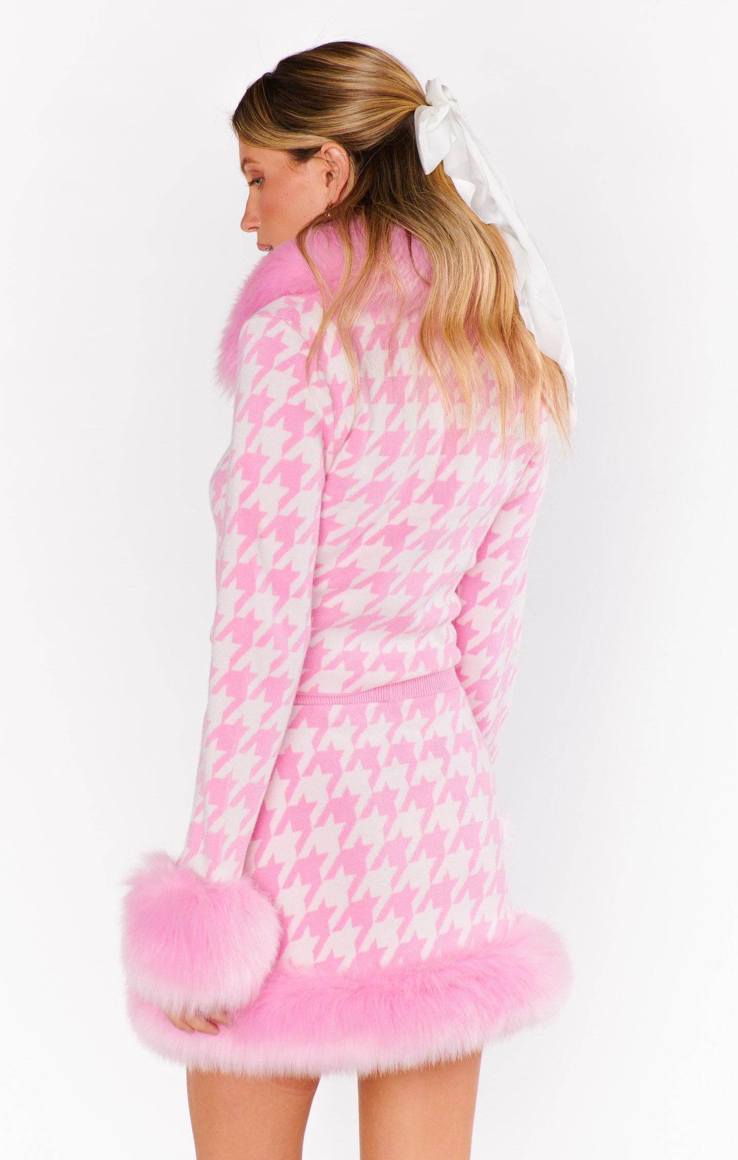 Fran Mini Skirt ~ Pink Houndstooth with Faux Fur Product Image