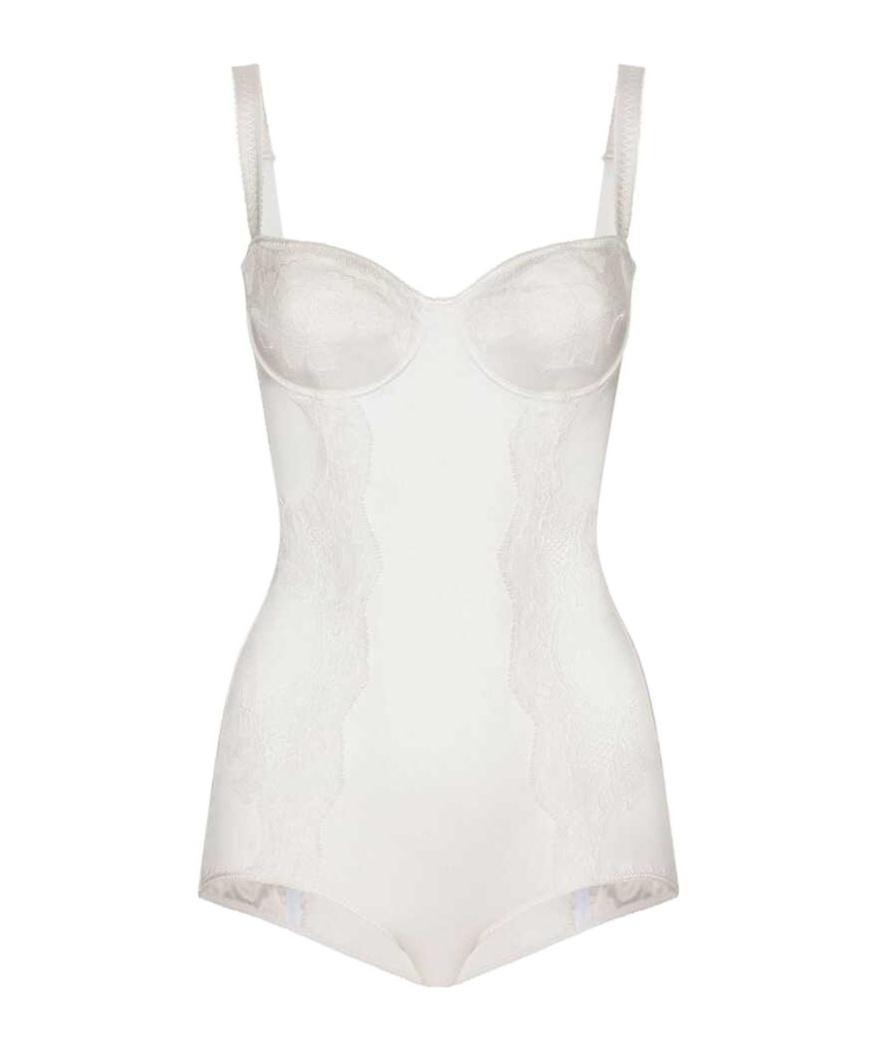 DOLCE & GABBANA Silk Balconette-bra Bodysuit With Lace Detailing In White Product Image