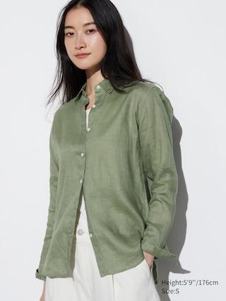 Womens Premium Linen Long Sleeve Shirt Green XL UNIQLO US Product Image