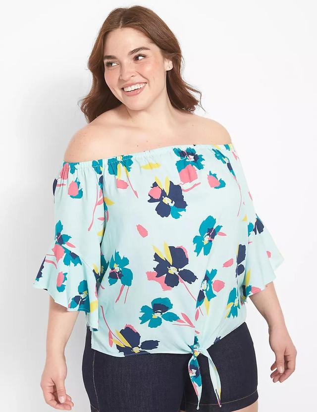 Classic Flounce-Sleeve Off-The-Shoulder Tie-Hem Top Product Image