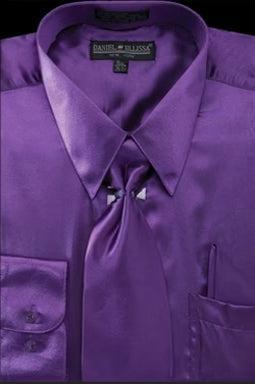 Satin Dress Shirt Regular Fit in Purple With Tie And Pocket Square Product Image