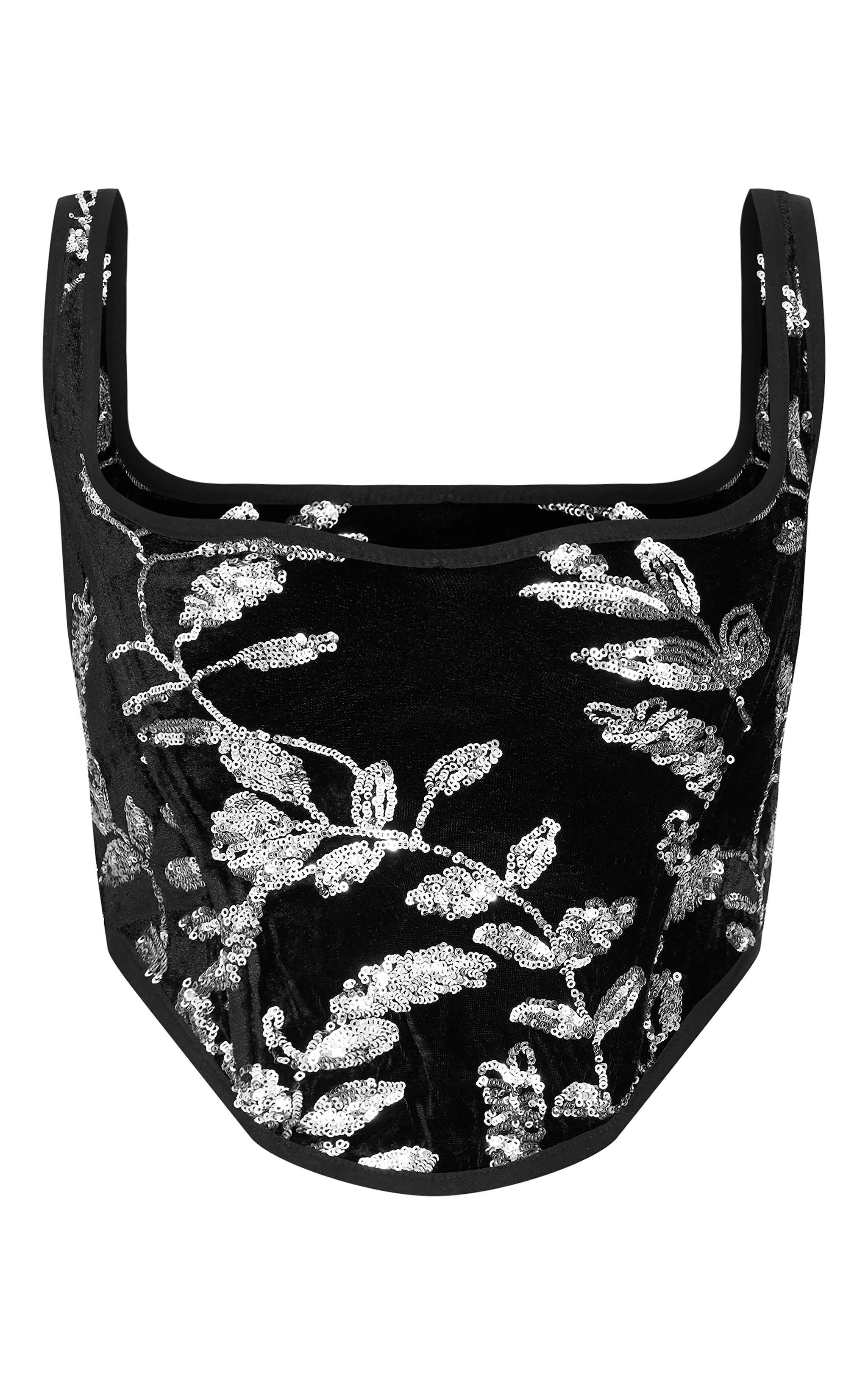 Black Velvet Floral Sequin Embellished Corset Product Image