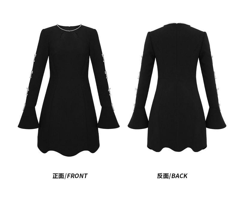 Long-Sleeve Round Neck Cutout Bow Rhinestone Mini A-Line Dress Product Image