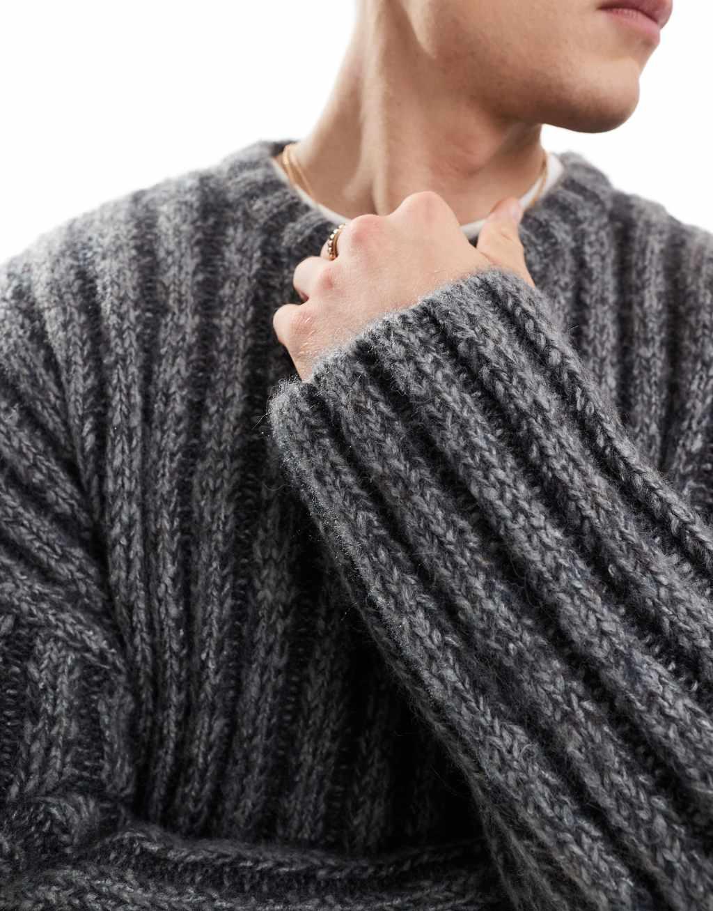 Weekday Connor wool blend slightly cropped ribbed sweater in gray Product Image