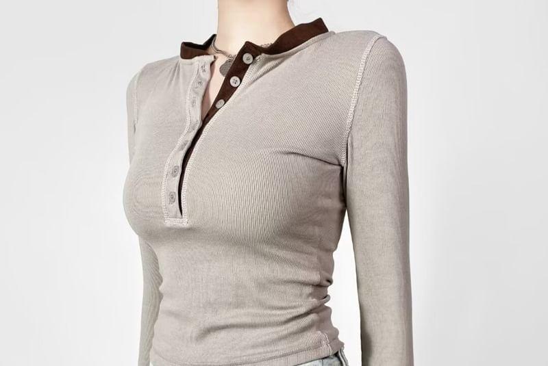 Mock Two-Piece Long-Sleeve Henley Two Tone Top Product Image