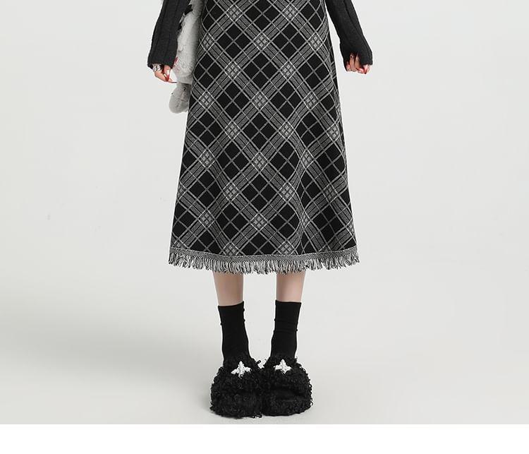 High Waist Plaid Midi A-Line Skirt Product Image