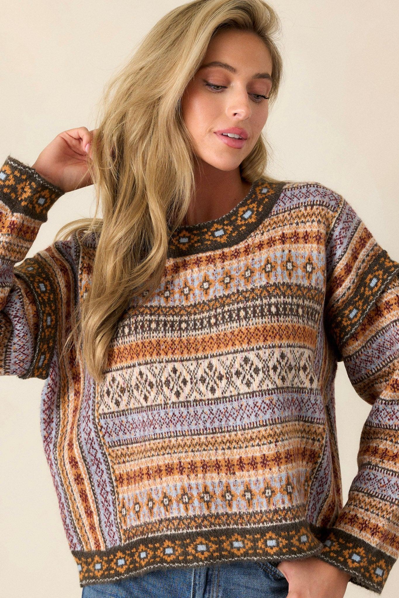 Wild Ride Light Brown Multi Fair Isle Print Sweater Product Image