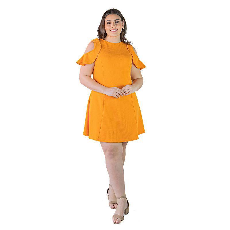 Plus Size 24Seven Comfort Apparel Ruffle Cold Shoulder A-Line Dress, Womens Lt Orange Product Image