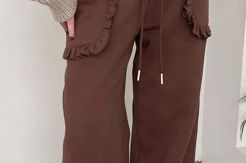 Drawstring Waist Plain Ruffle Wide Leg Sweatpants Product Image