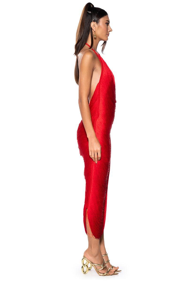 GIANINA FRINGED COWL NECK MAXI DRESS IN RED Product Image